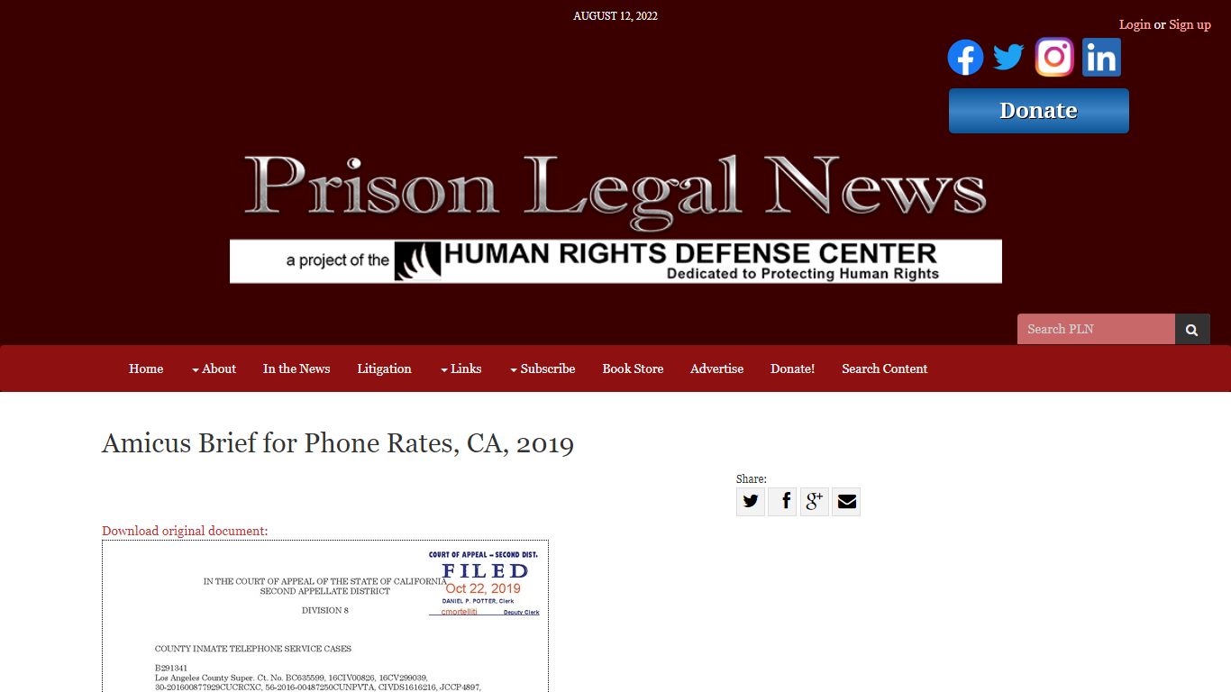 Amicus Brief for Phone Rates, CA, 2019 | Prison Legal News